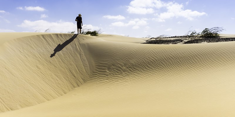 an unrecognizable man wearing a straw hat stands on top of a sand dune in the desert, looking down