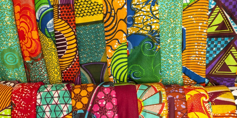 African traditional fabrics in a shop in Ghana, West Africa